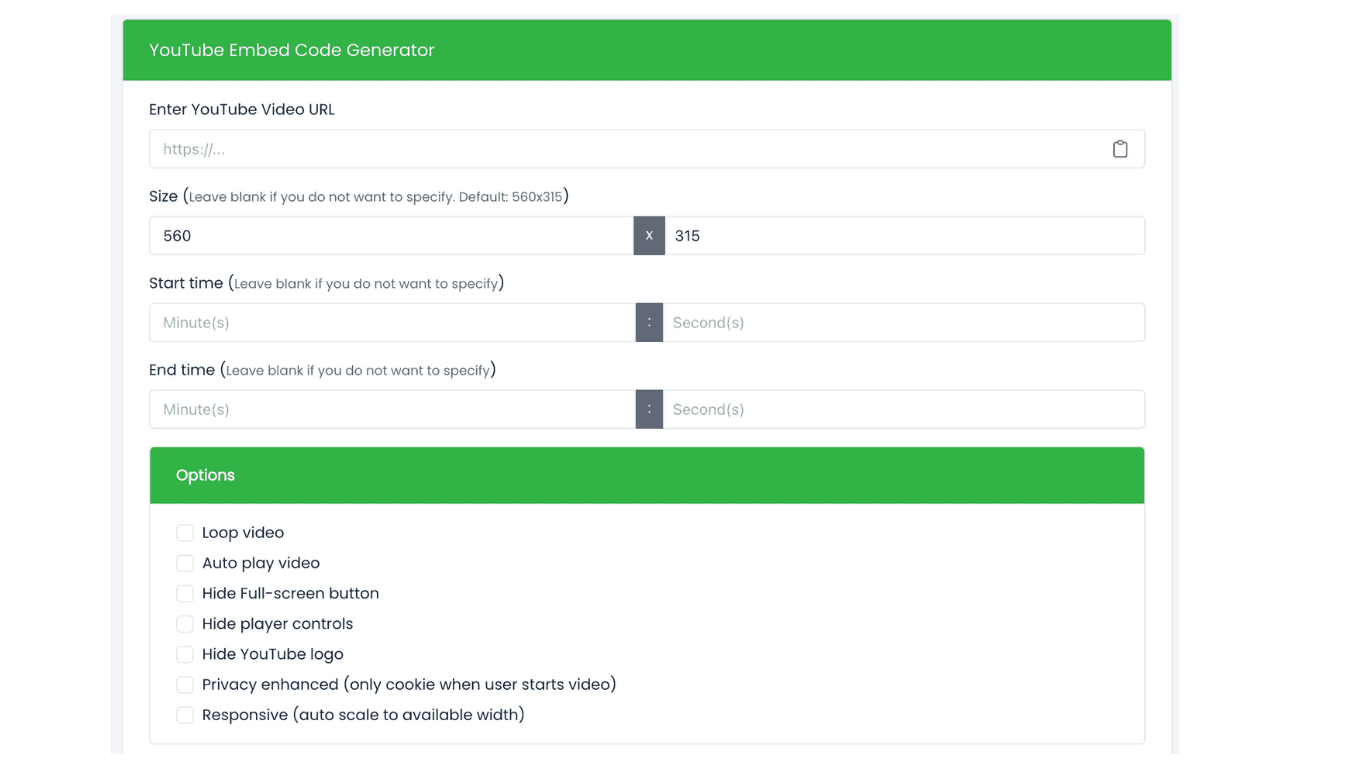 Screenshot showcasing the YouTube Embed Code Generator tool interface, highlighting its user-friendly design and features such as the input box for the YouTube video URL, customization options for video size and playback settings, and the "Generate" button for creating embed codes. The image illustrates how easy it is to use the tool for embedding YouTube videos on websites